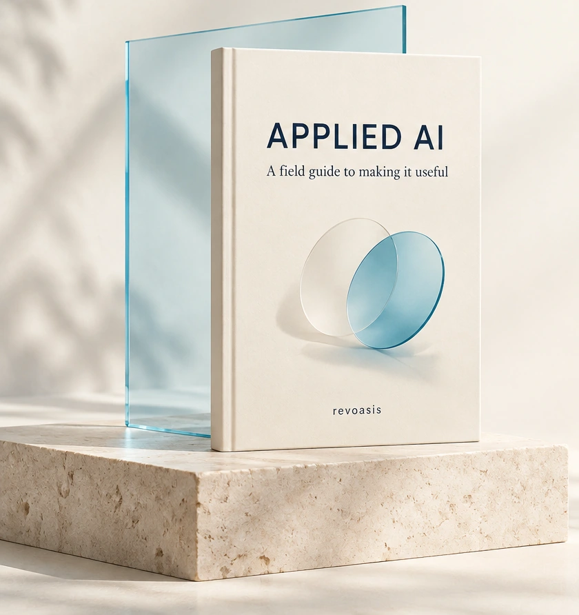 Applied AI: a field guide to making it useful, standing on limestone beside cyan glass.