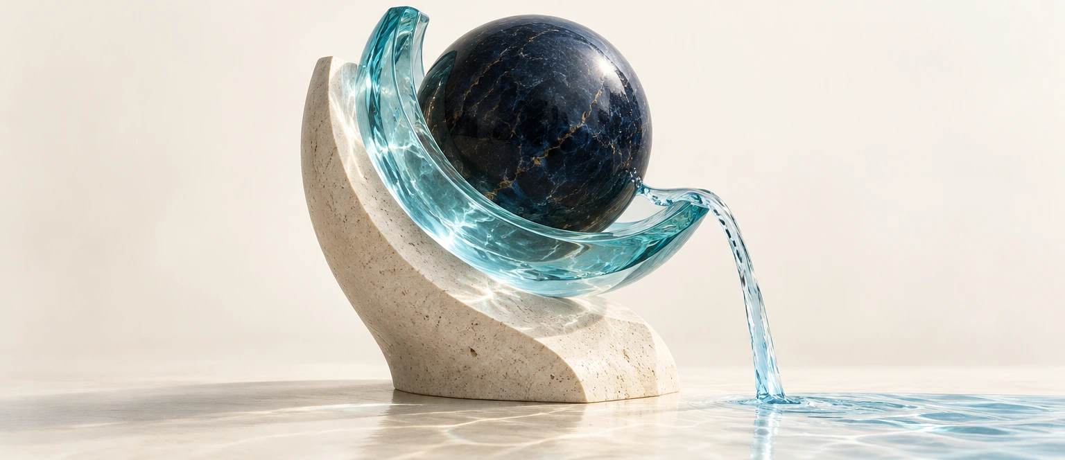 A dark mineral sphere nested in cyan glass and limestone above a flowing water channel.