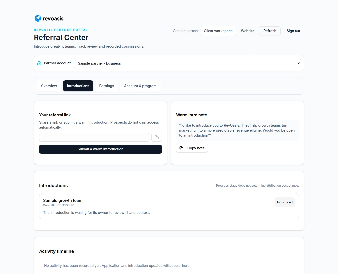 Referral partner introduction view with a fictional partner and sample growth team, without real financial records or referral links.