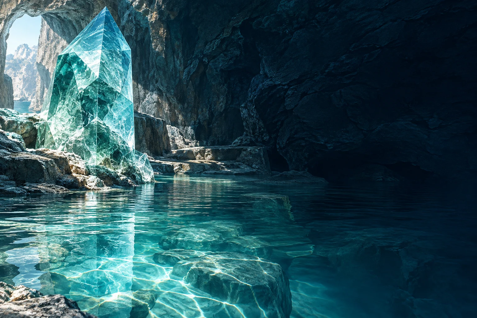 An aquamarine mineral prism refracting sunlight into a clear basin