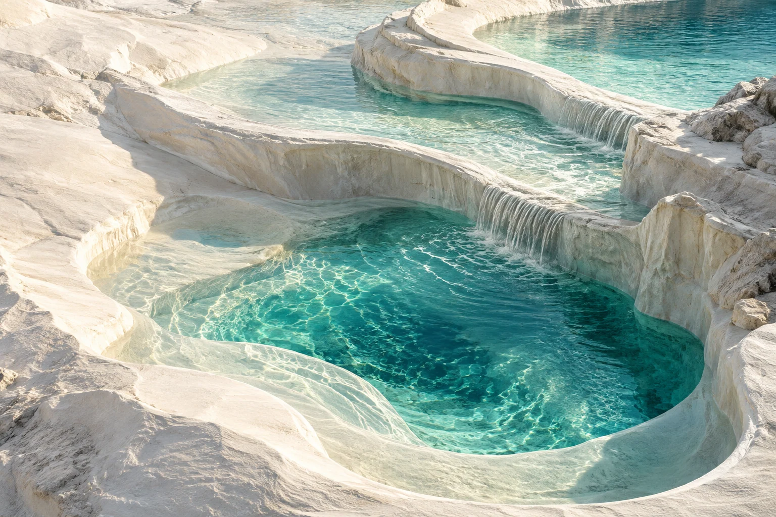 Curved limestone terraces connected by clear aquamarine pools