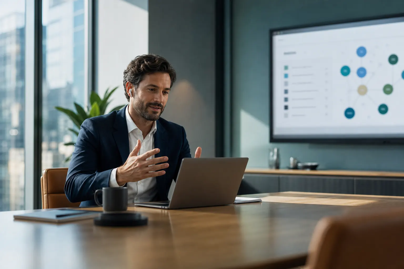 A B2B strategist on a video call beside a screen showing target enterprise accounts and a stakeholder map.