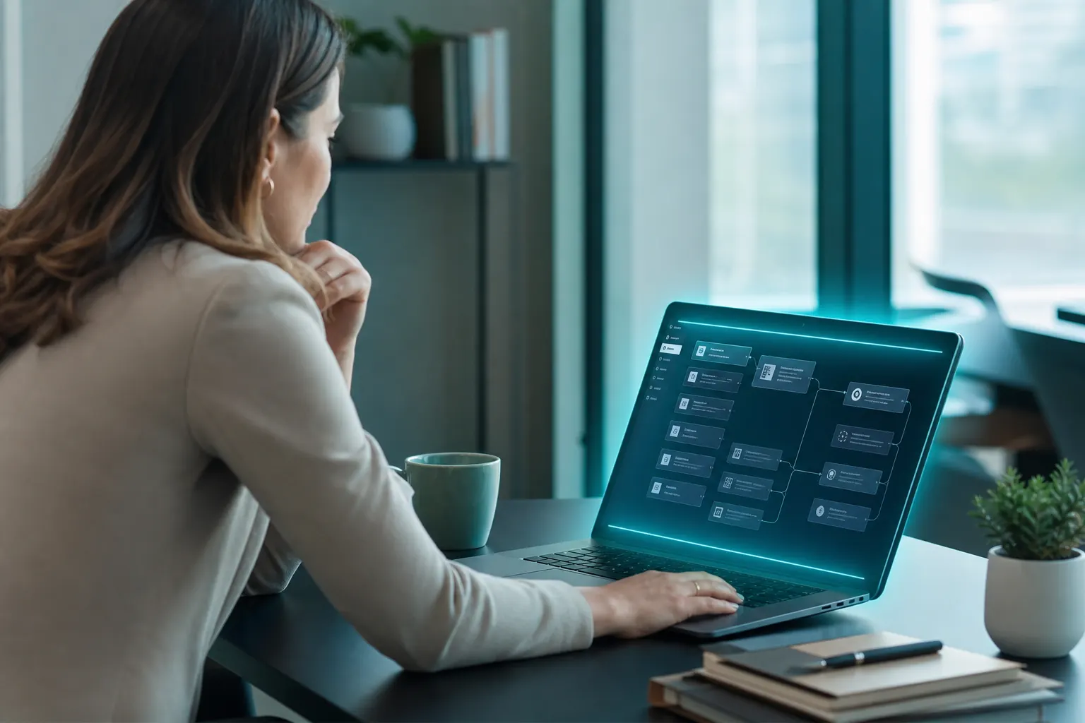 A marketer reviewing AI-built workflow automations on a laptop in a modern office.