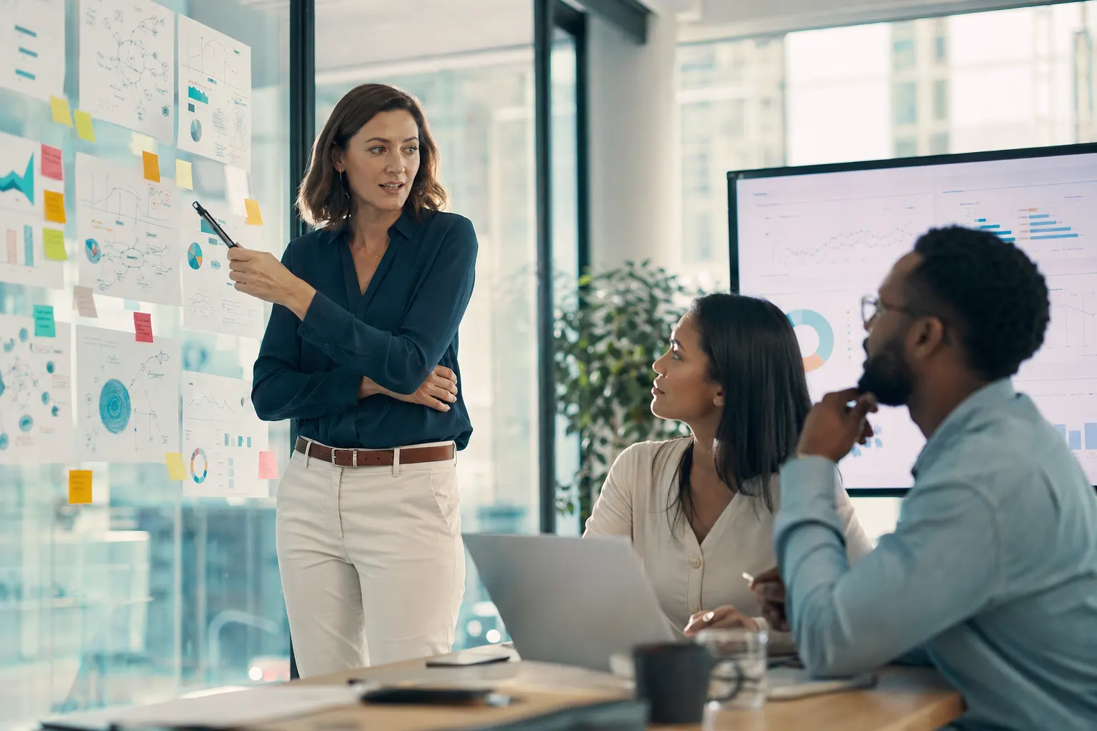 A fractional GTM leader guiding two colleagues through a revenue growth roadmap at a strategy wall.