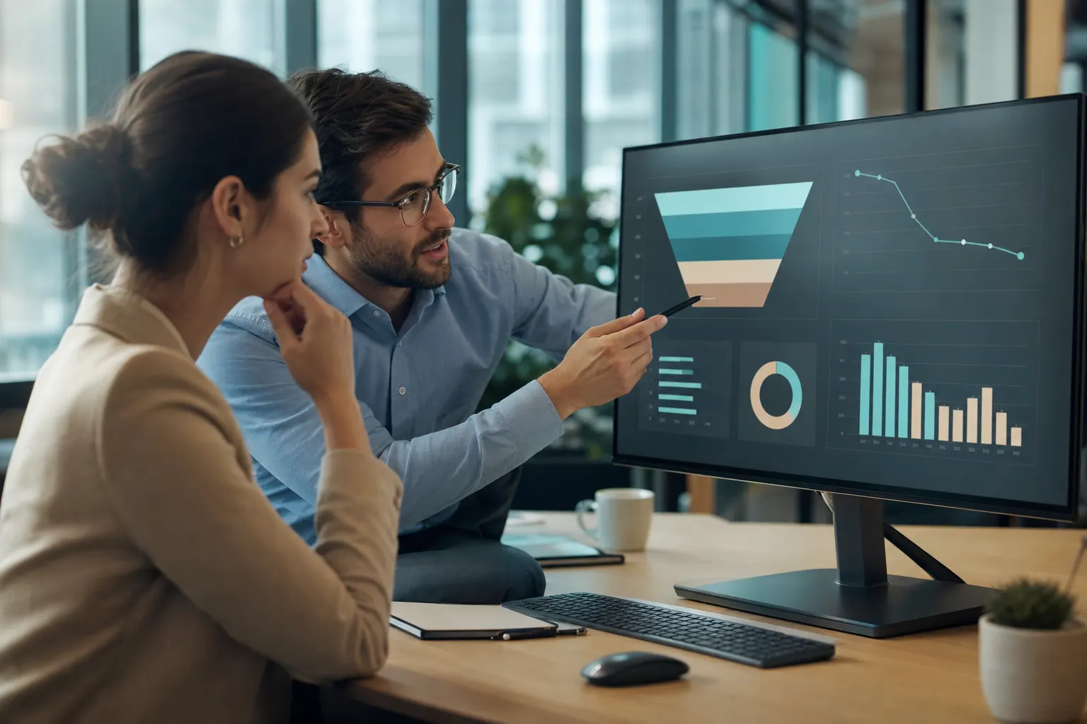 Two analysts reviewing funnel and conversion analytics on a large monitor to find a drop-off.