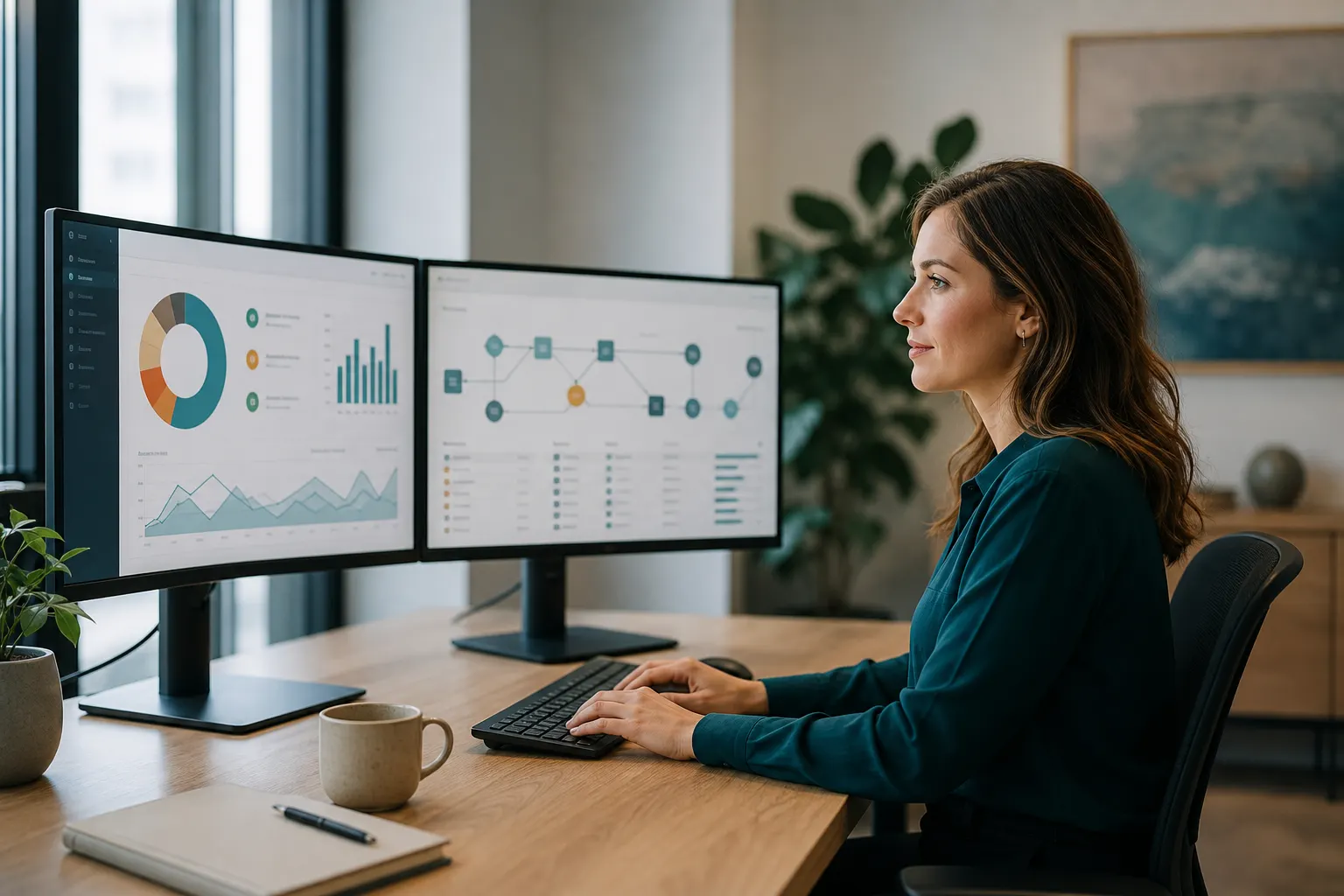 A revenue operations specialist working across dashboards showing connected CRM data and clean pipelines.
