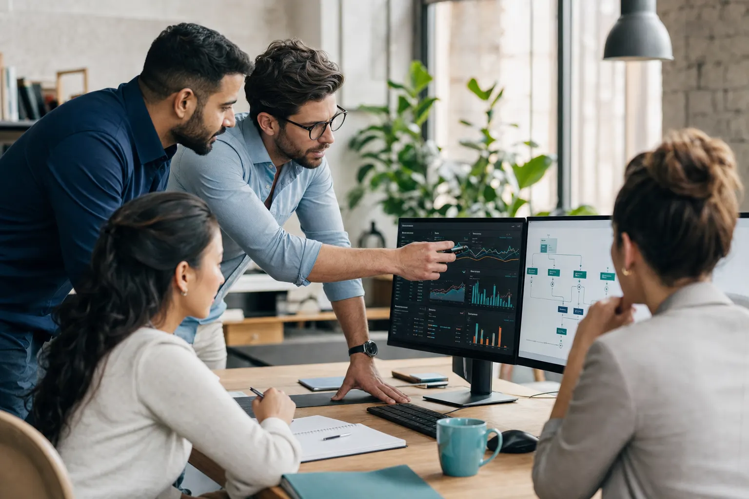 A marketing team reviewing live campaign performance and an email sequence flow on screen.