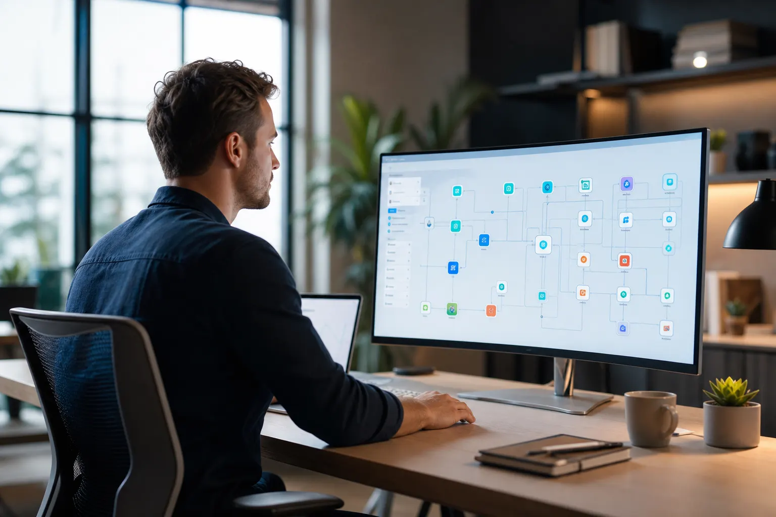 A specialist configuring a connected marketing tech stack on a large monitor.