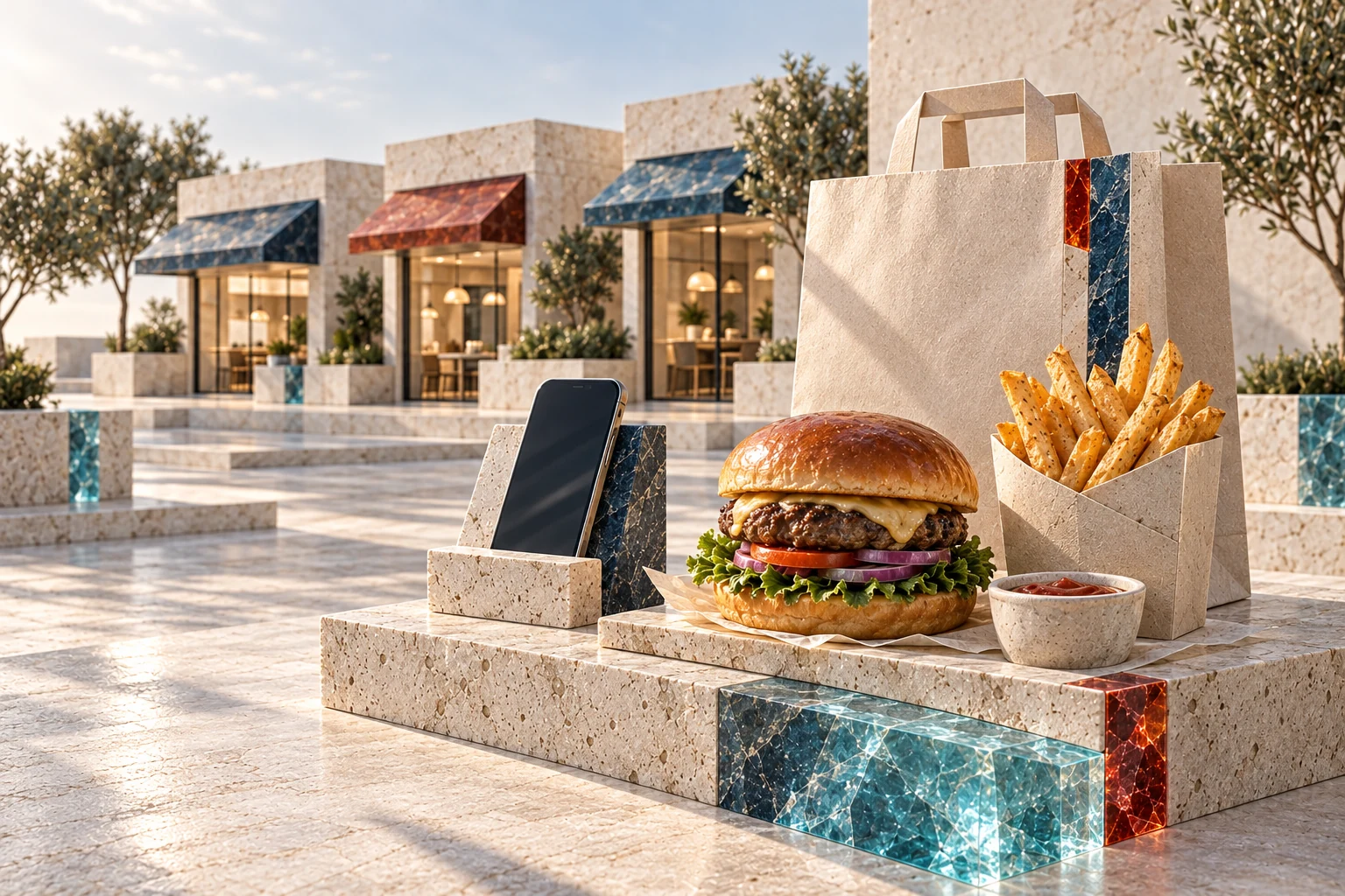 Conceptual industry artwork: a premium burger meal, takeout and neighborhood ordering.