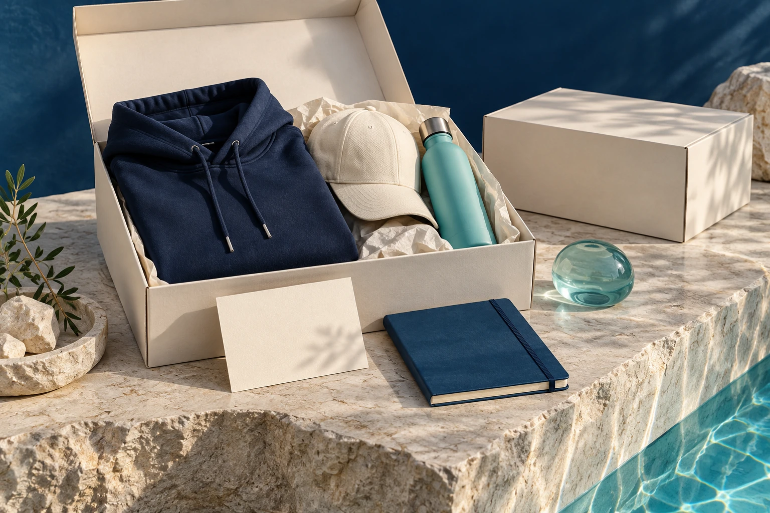 Conceptual company swag scene: apparel, drinkware and stationery in a premium merchandise kit.