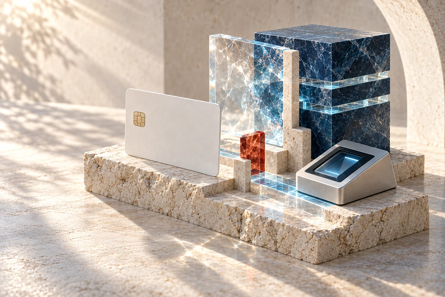 Conceptual industry artwork: identity verification, banking infrastructure and payments technology.