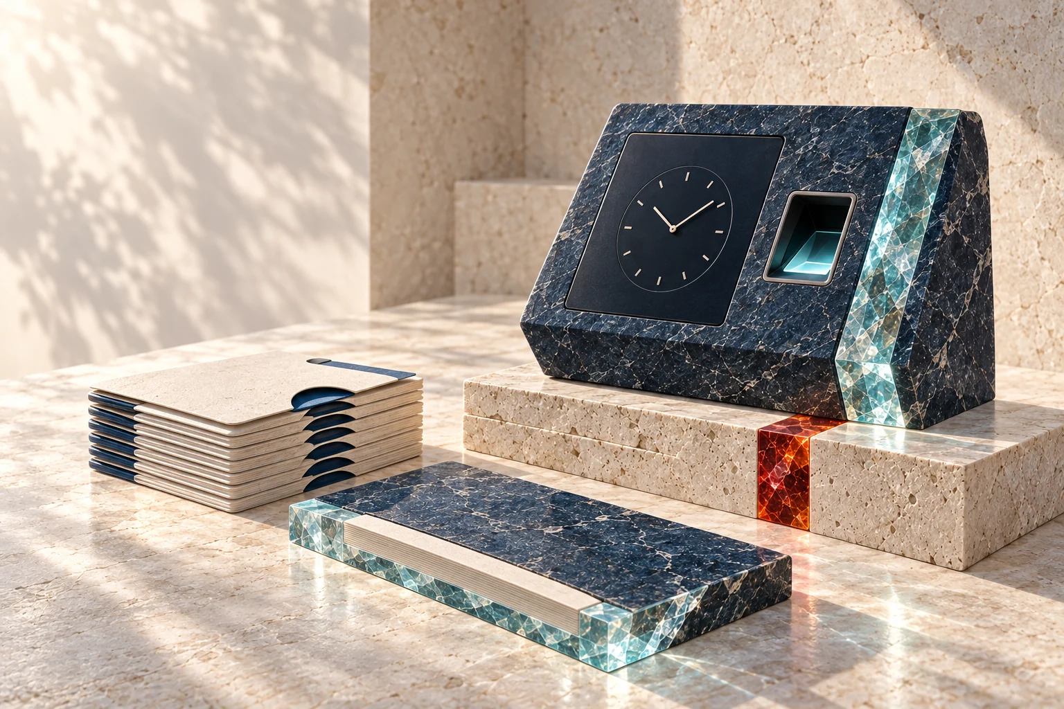 Conceptual industry artwork: payroll documents, timekeeping and employee records.