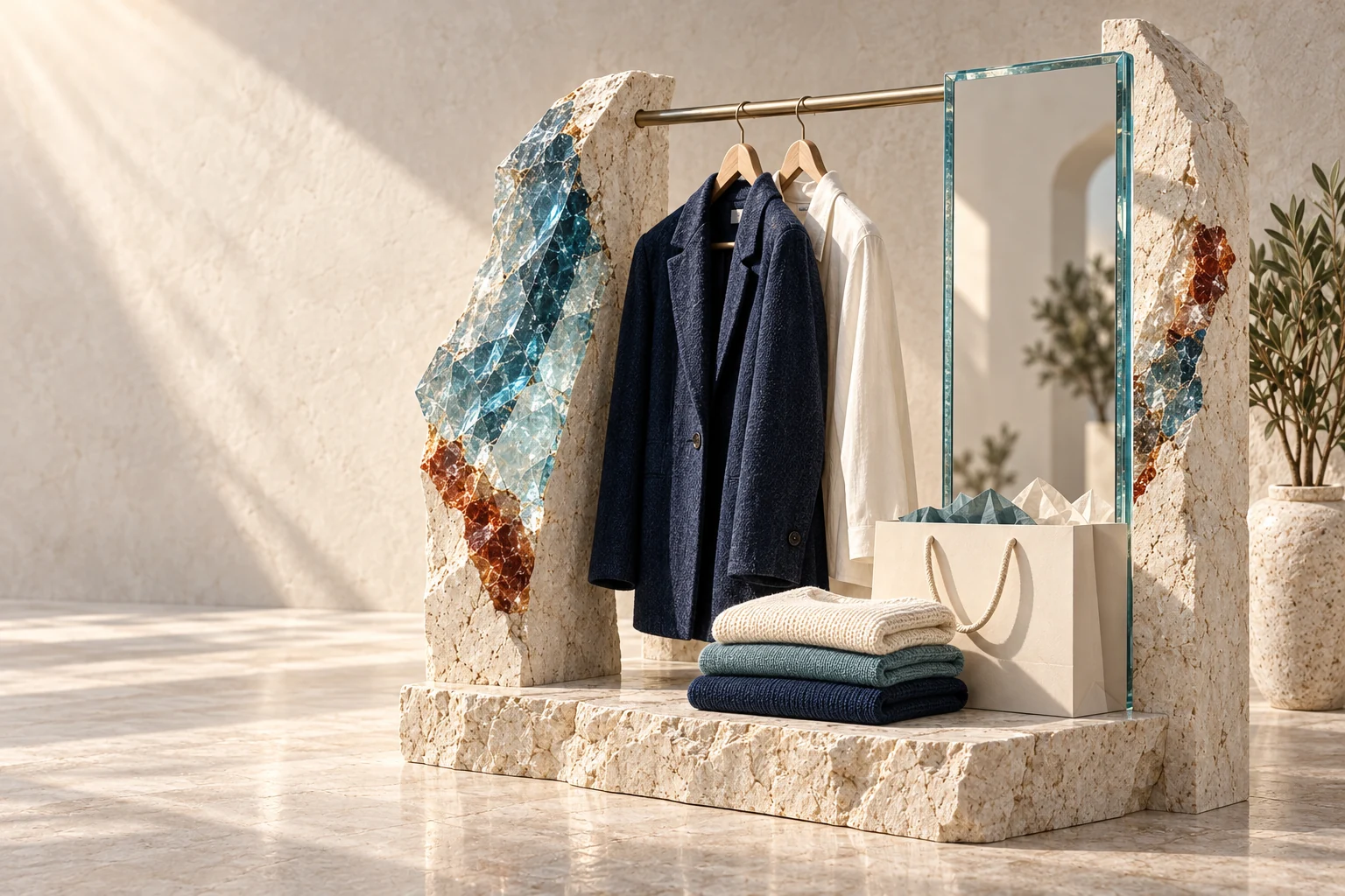 Conceptual industry artwork: garments, a clothing rail and the fashion-retail experience.