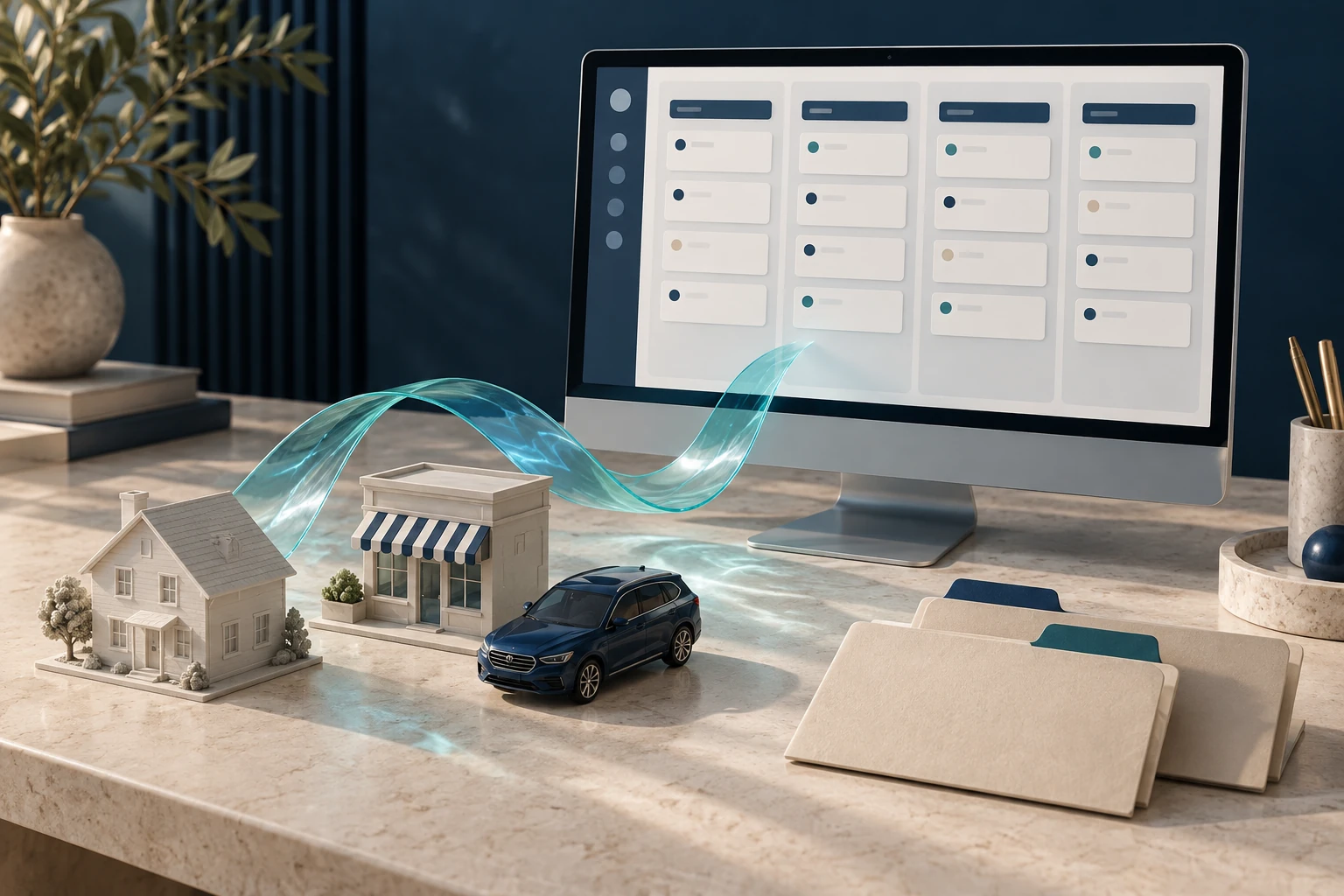 Conceptual insurance software scene: a customer workflow connecting homes, businesses, vehicles and policy records.