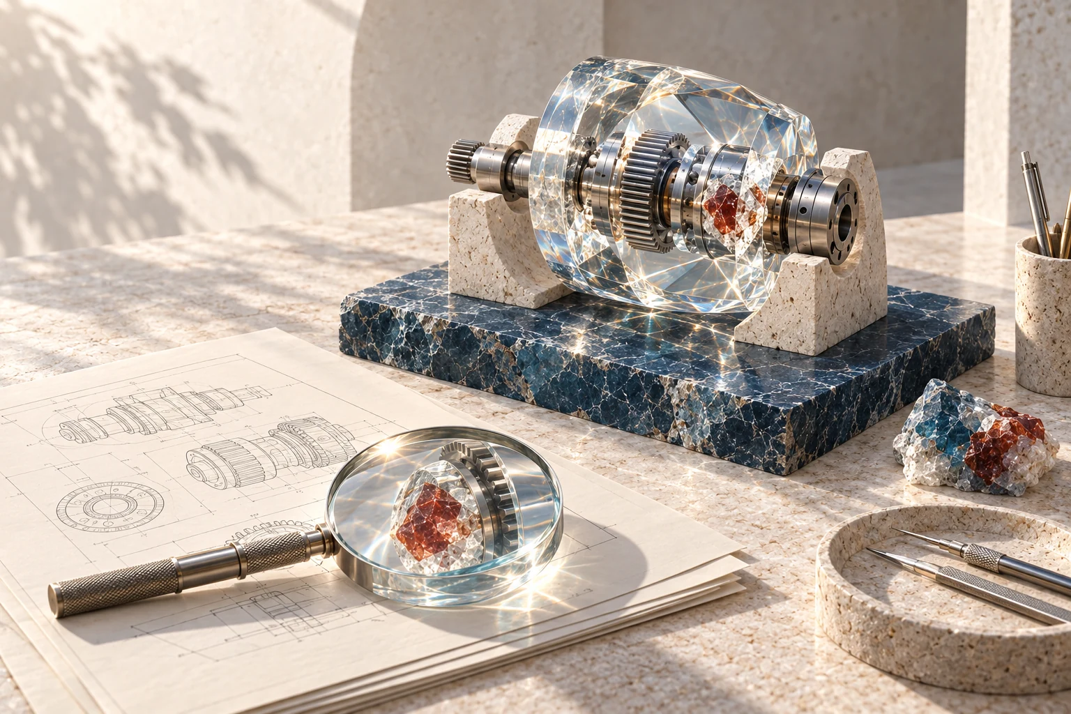 Conceptual industry artwork: patent documents, precision engineering and legal analysis.