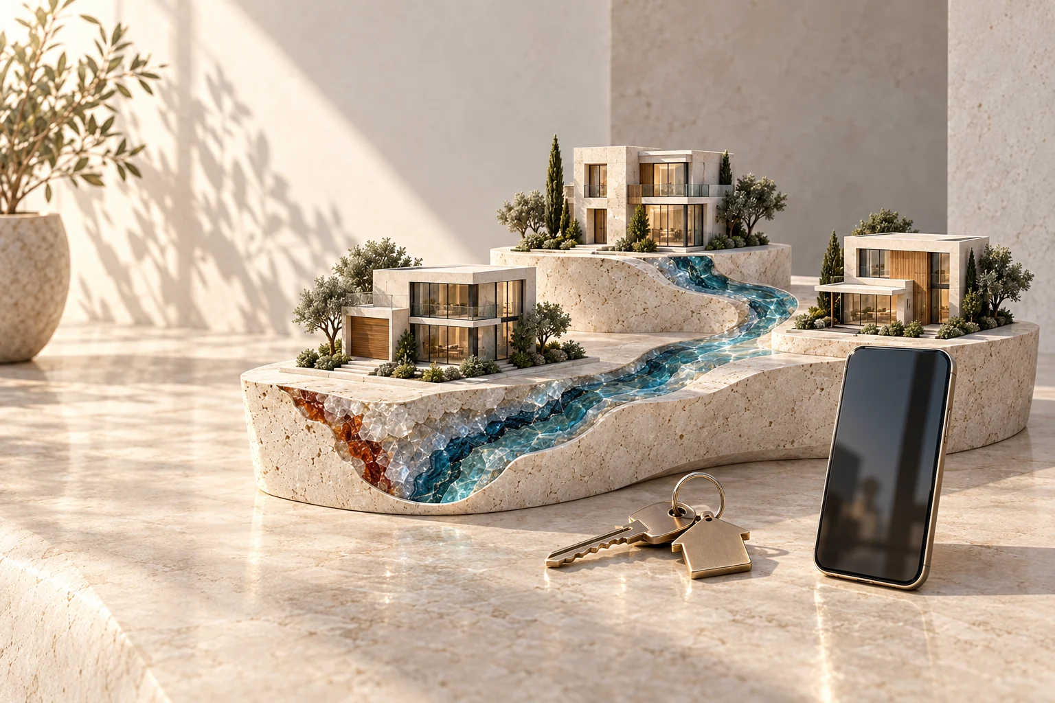 Conceptual industry artwork: homes, keys and a real-estate buyer conversation.
