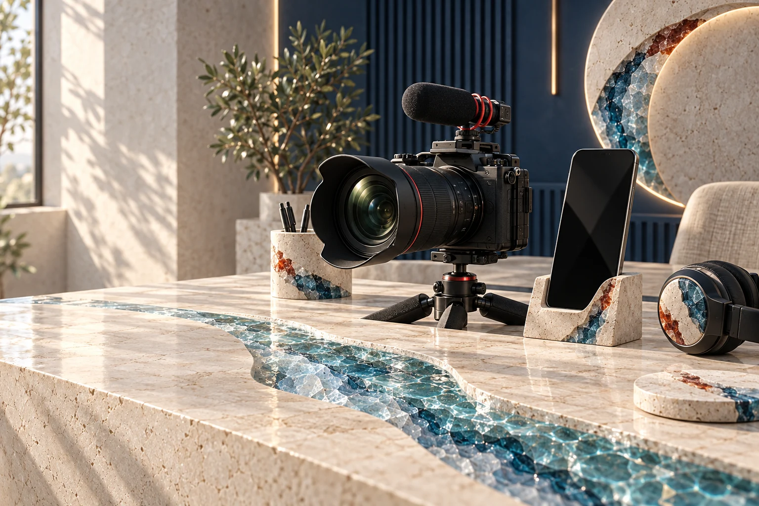 Conceptual industry artwork: creator equipment, content production and a brand activation.