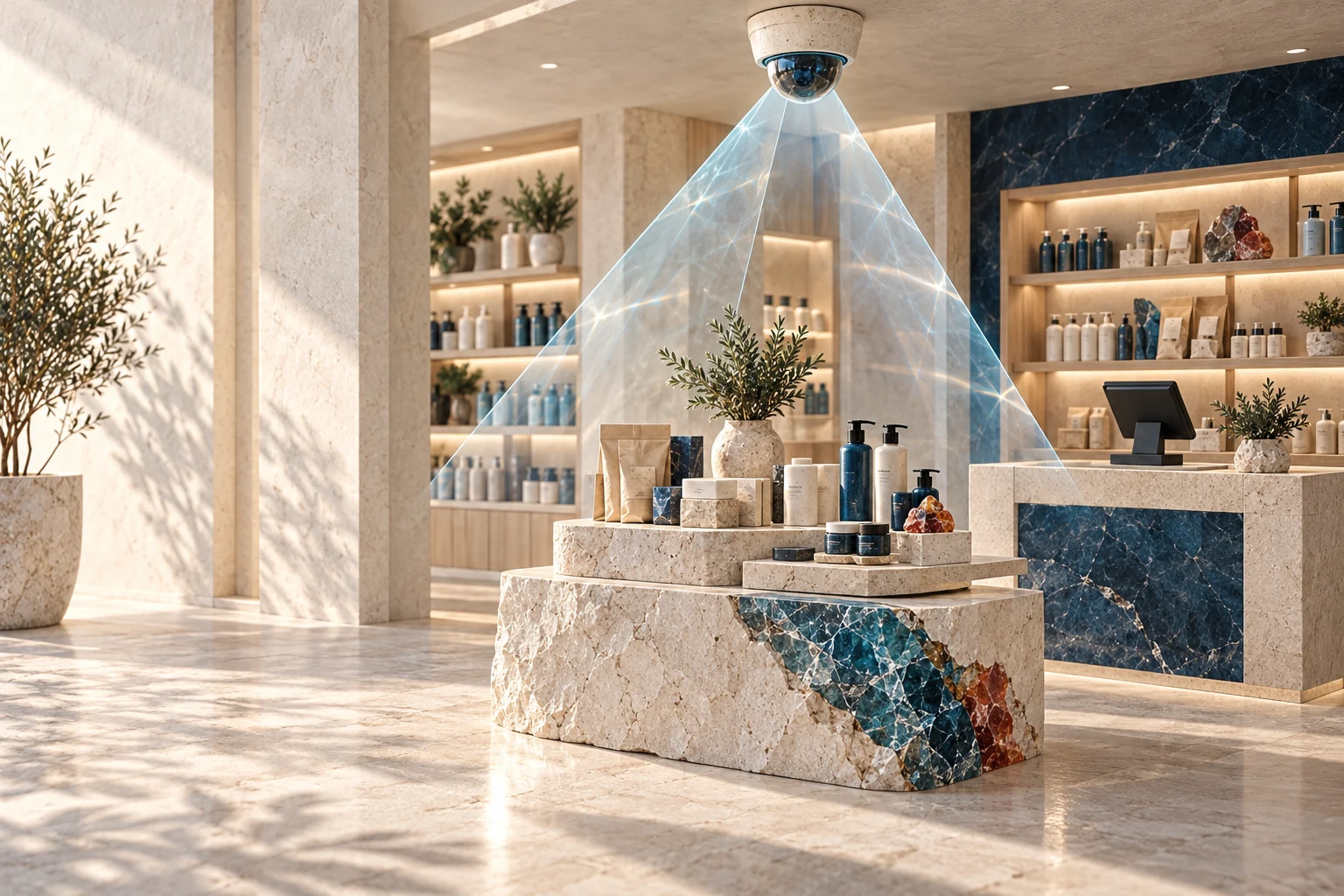 Conceptual industry artwork: camera-equipped unattended retail and small-store environments.