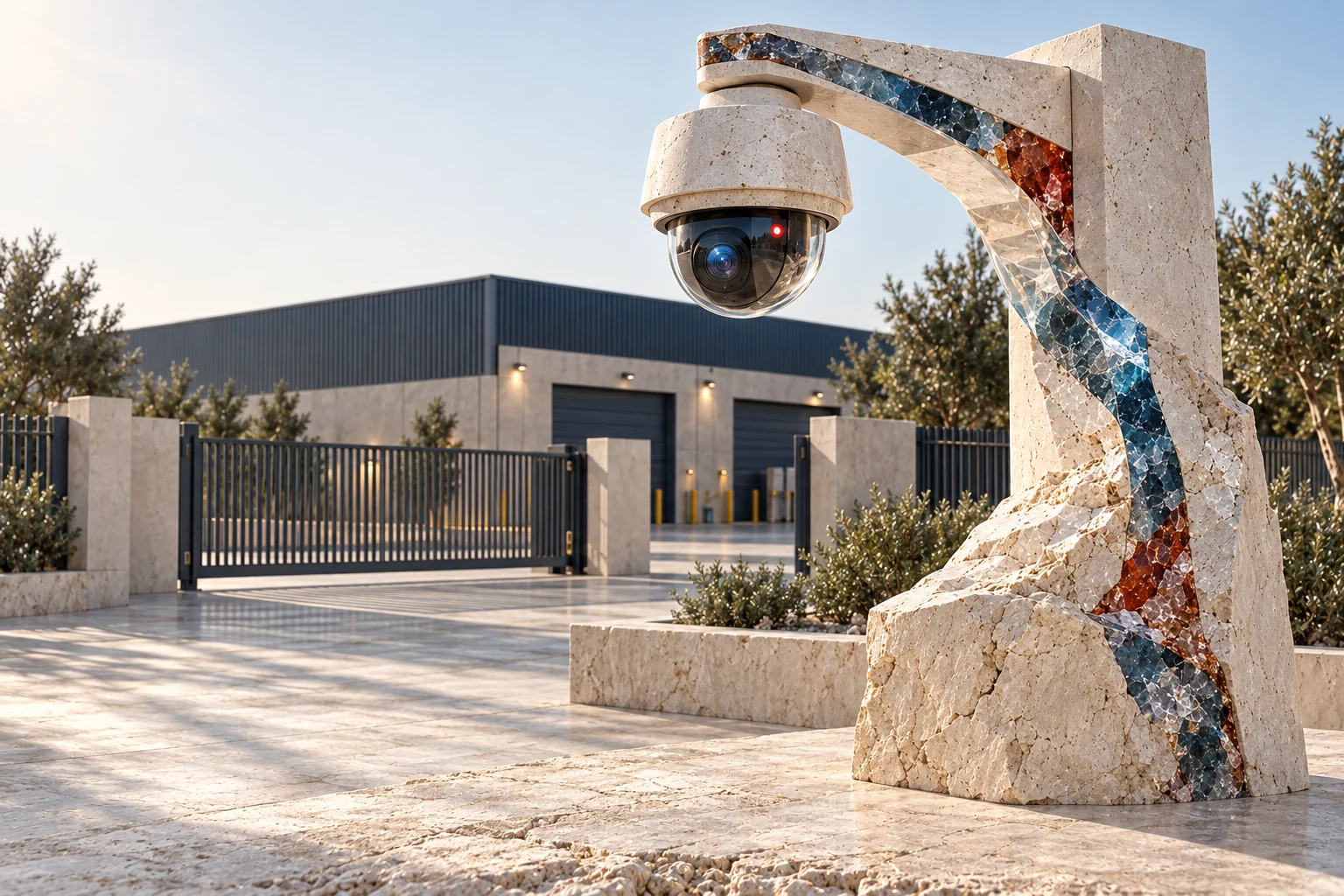 Conceptual industry artwork: remote surveillance cameras protecting an industrial property.