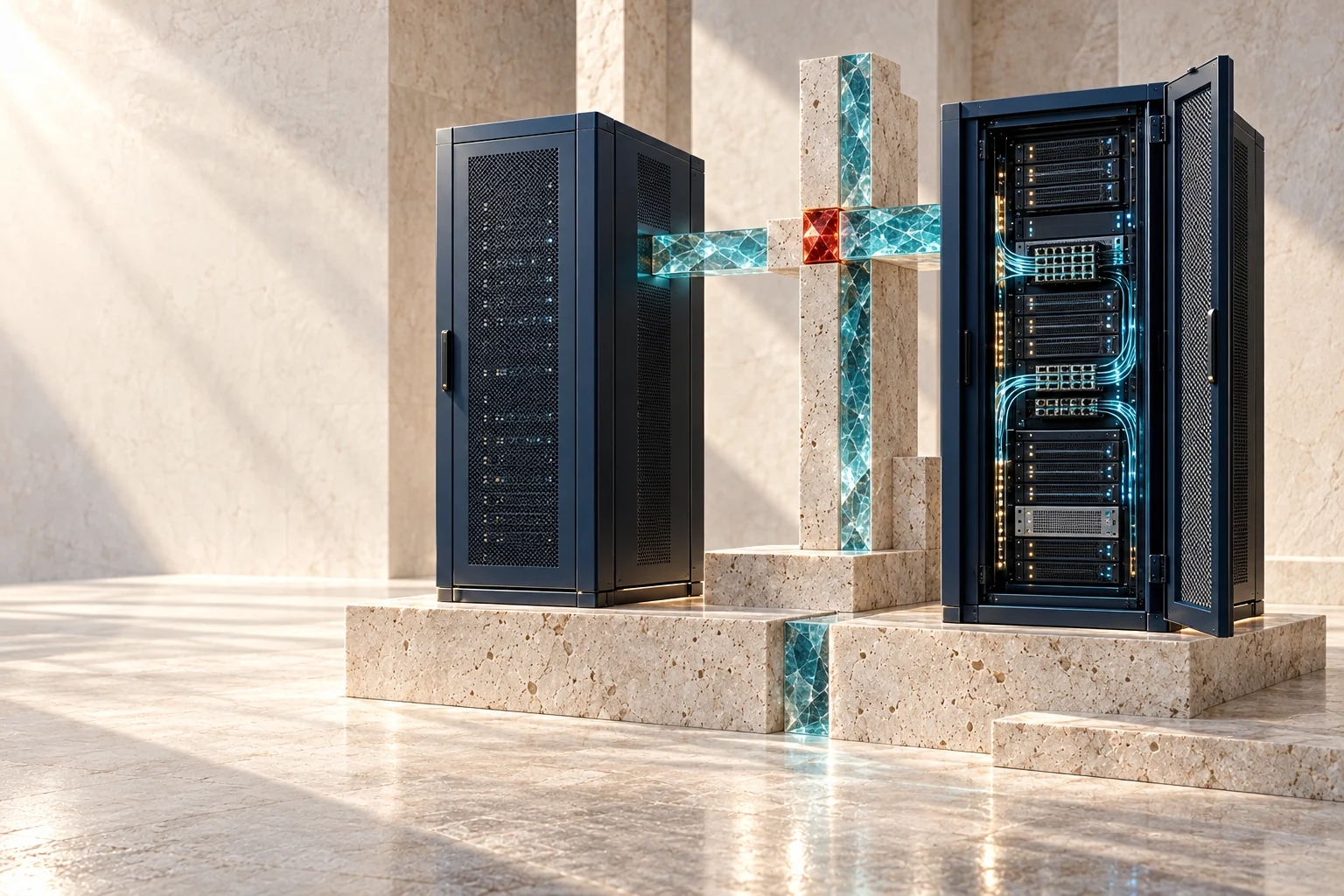 Conceptual industry artwork: enterprise server racks and connected cloud infrastructure.