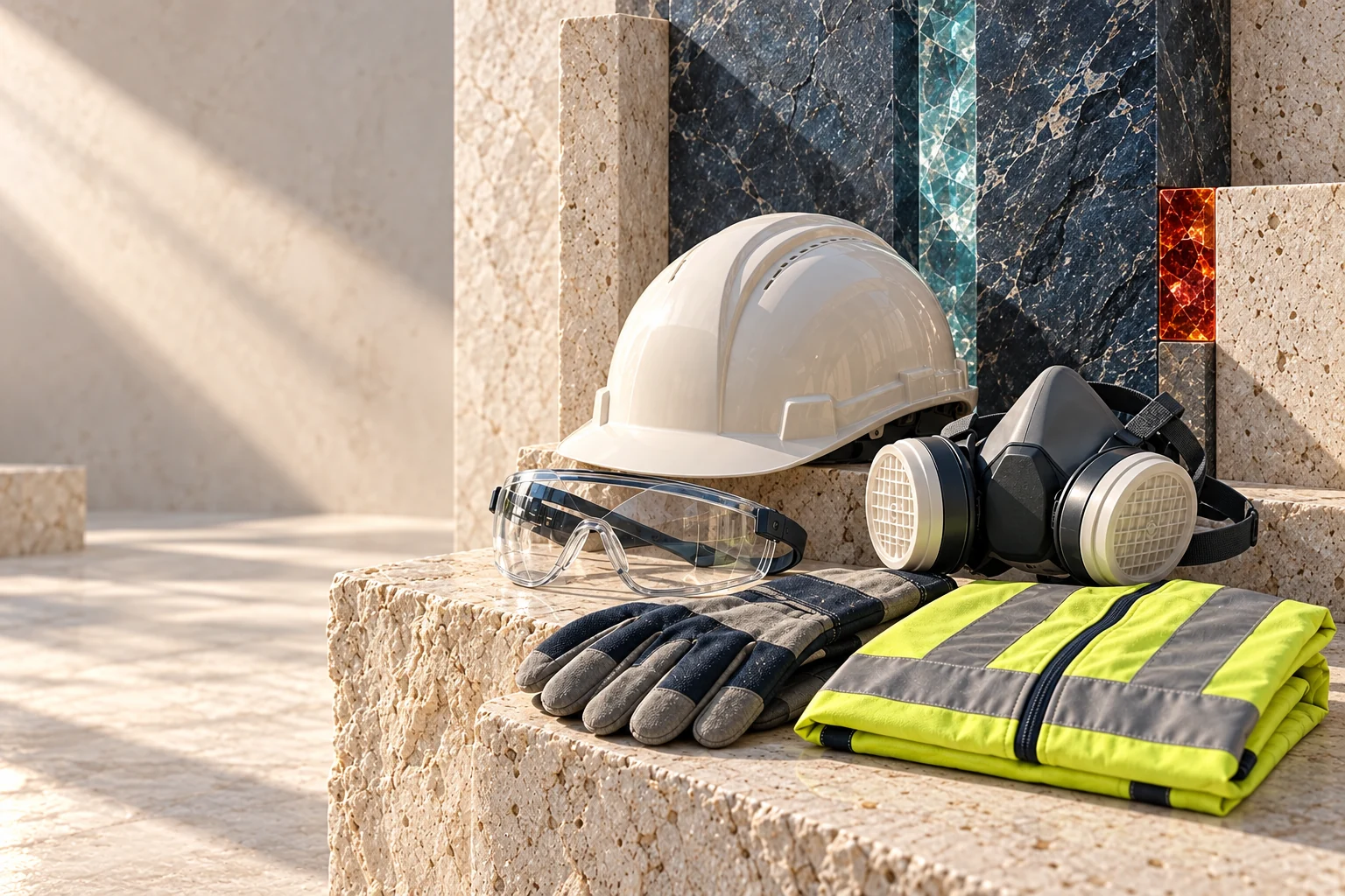 Conceptual industry artwork: professional protective equipment and industrial supplies.