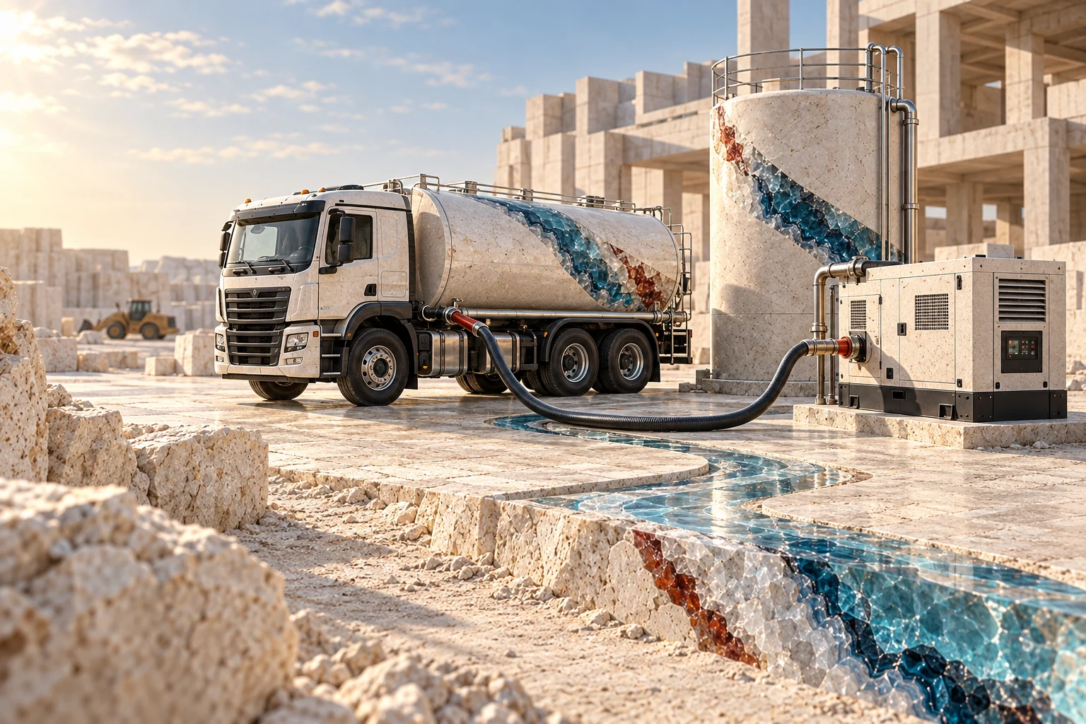 Conceptual industry artwork: fuel delivery to a construction generator and storage site.