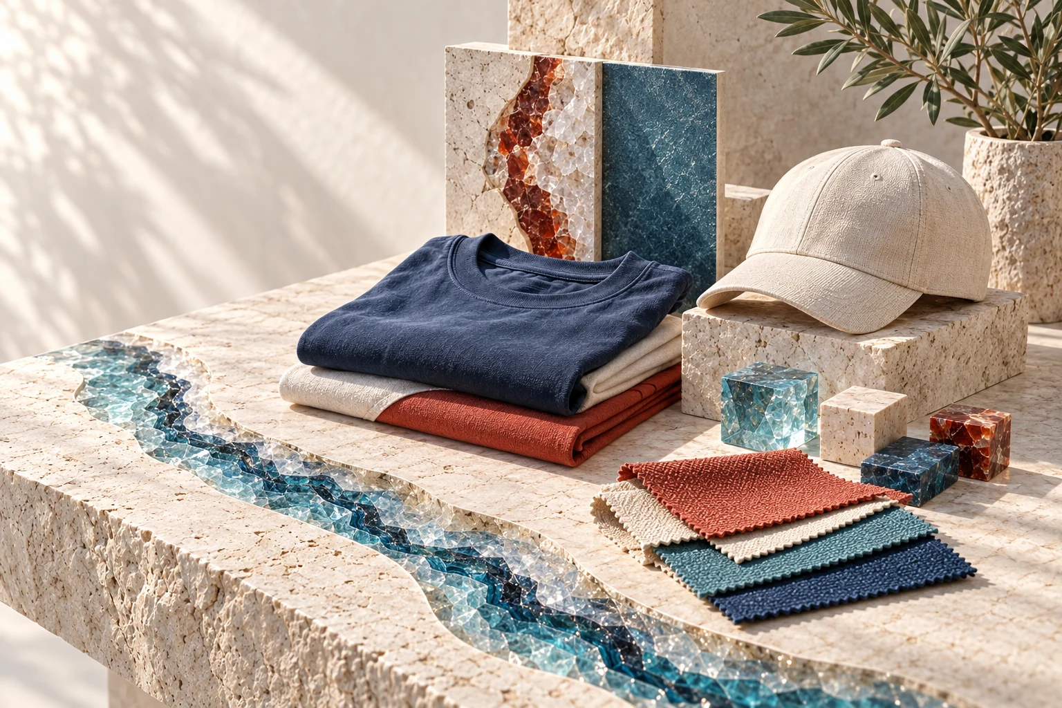 Conceptual industry artwork: expressive merchandise, textile swatches and creative samples.