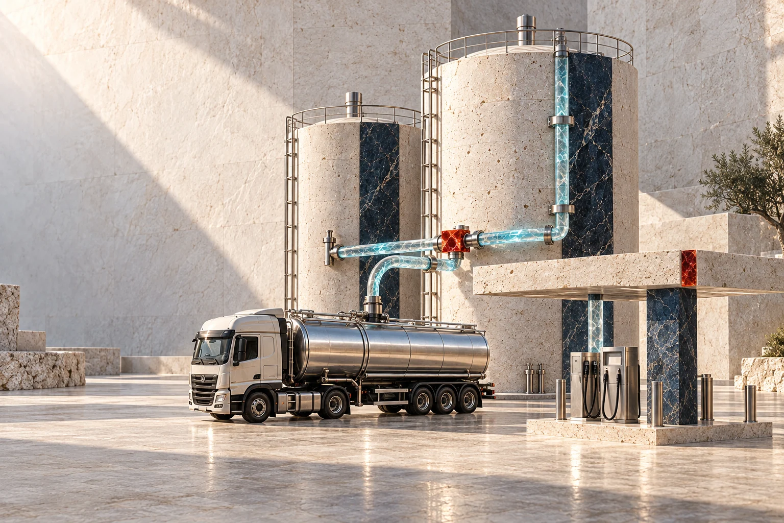 Conceptual industry artwork: fuel storage, tanker delivery and a connected dispatch workspace.