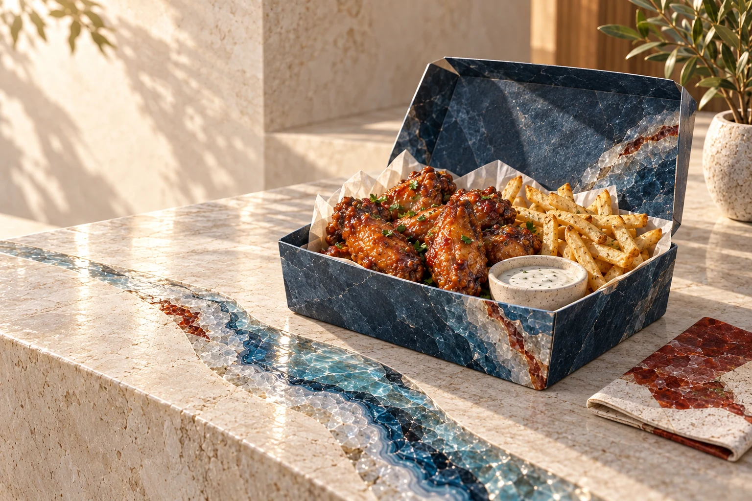 Conceptual industry artwork: chicken wings, takeout packaging and digital ordering.
